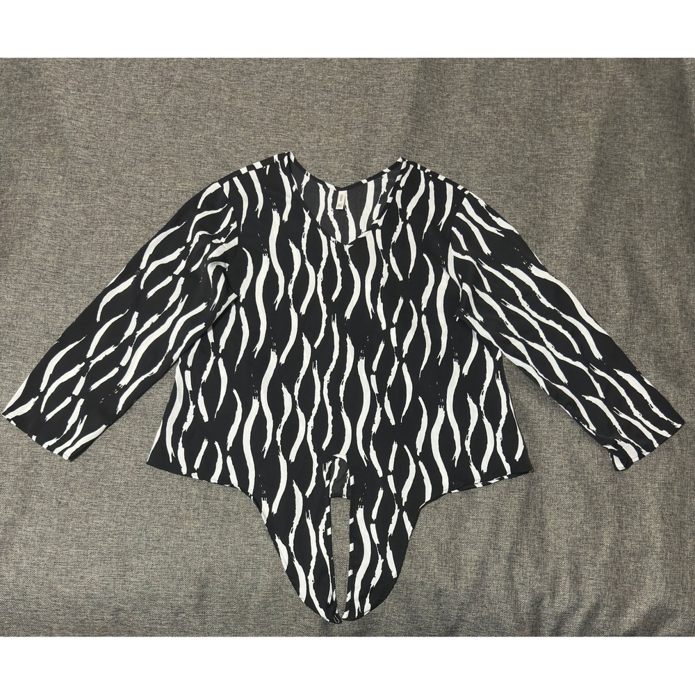 SUEANI Women's 2XL Blouse Black White Tie Front Abstract Print Long Sleeve